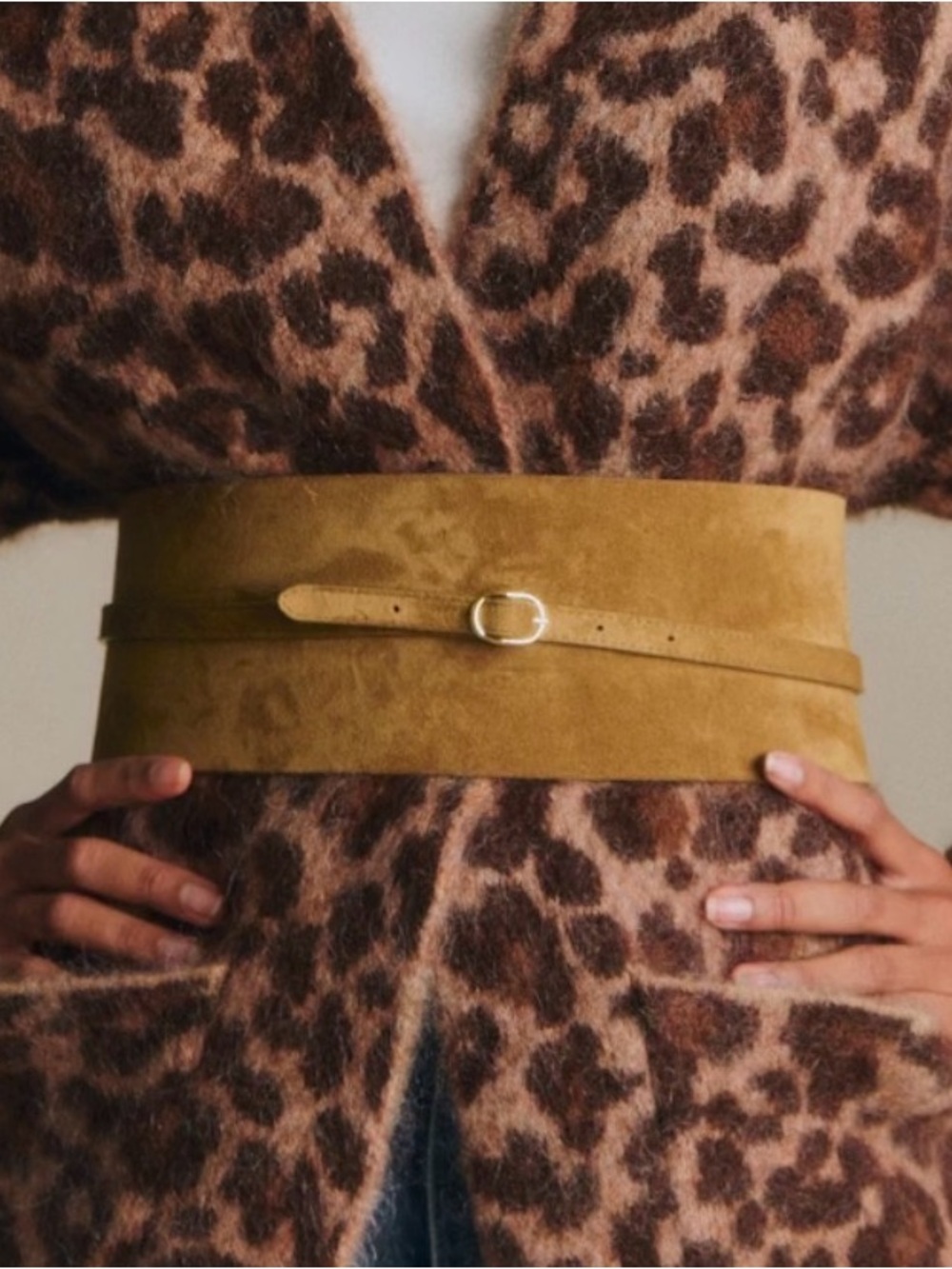 Sezane Tan Suede Belt with Gold Oval Buckle